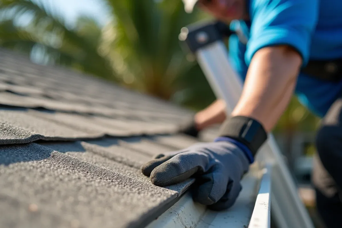 Short drip edge ending above the gap behind a gutter on a shingle roof eave
