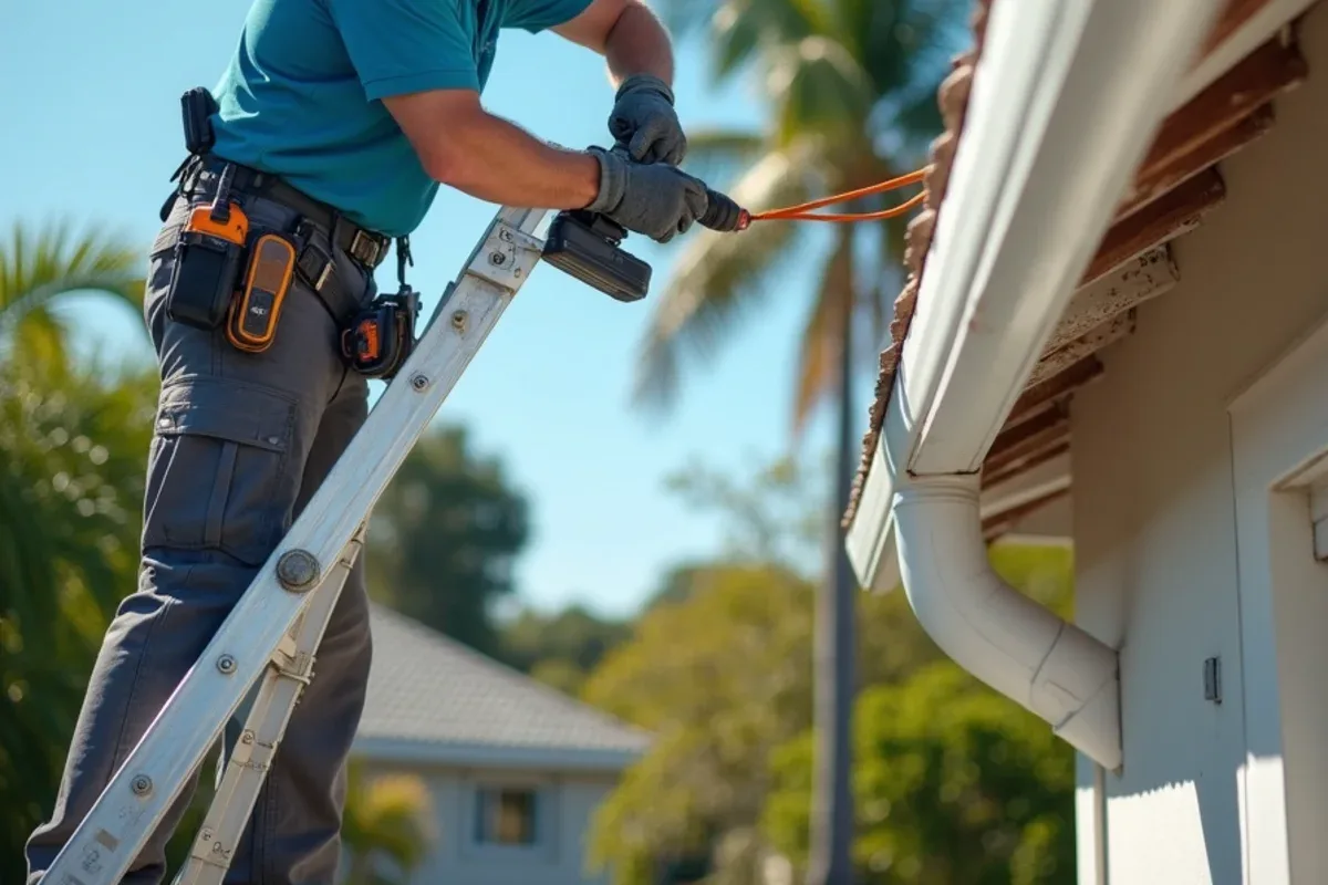 Technician installing hidden hangers along a string line to re-pitch a sagging gutter