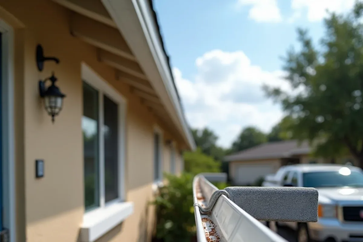 Before sagging gutter repair: a long gutter run dipping at mid-span on a one-story ranch home