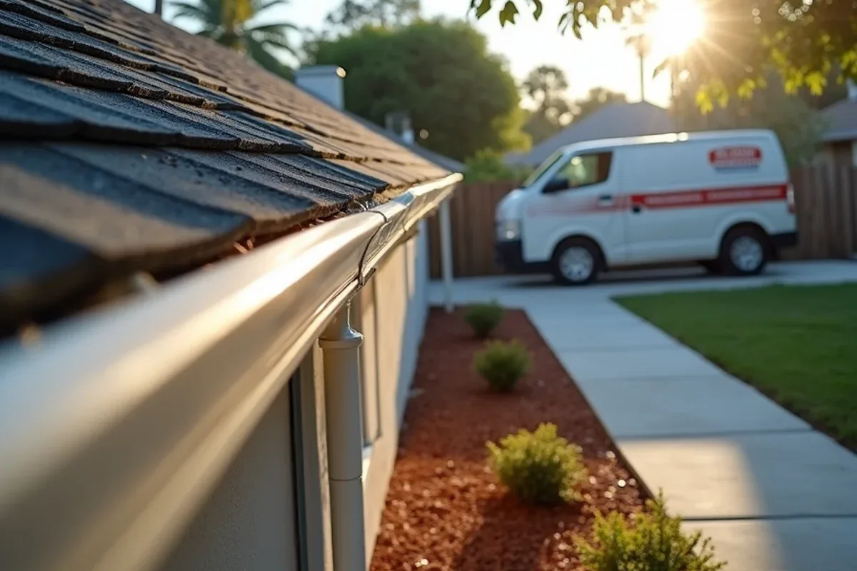 After sagging gutter repair: a straight, re-pitched gutter run tight to the fascia on a ranch home