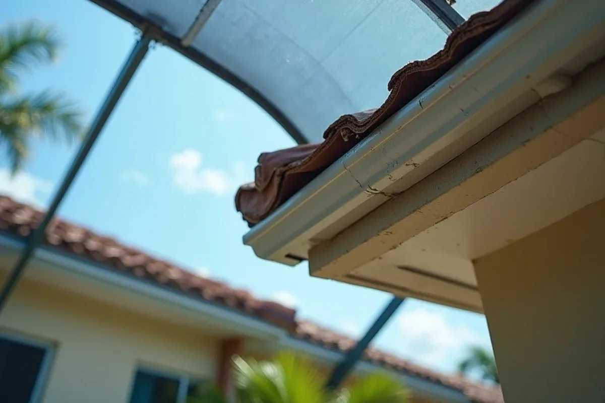 Torn and sagging pool cage screen panel directly below a roof edge without a gutter