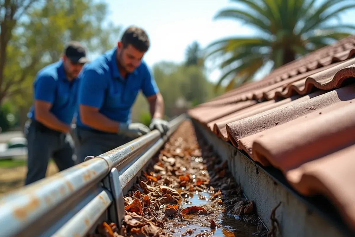 Before screen enclosure gutter cleaning: super gutter channel packed with leaves where a pool cage meets the house