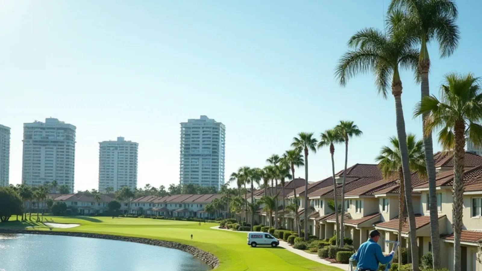 Golf-side townhome row in Aventura with a technician clearing gutters beneath condo towers