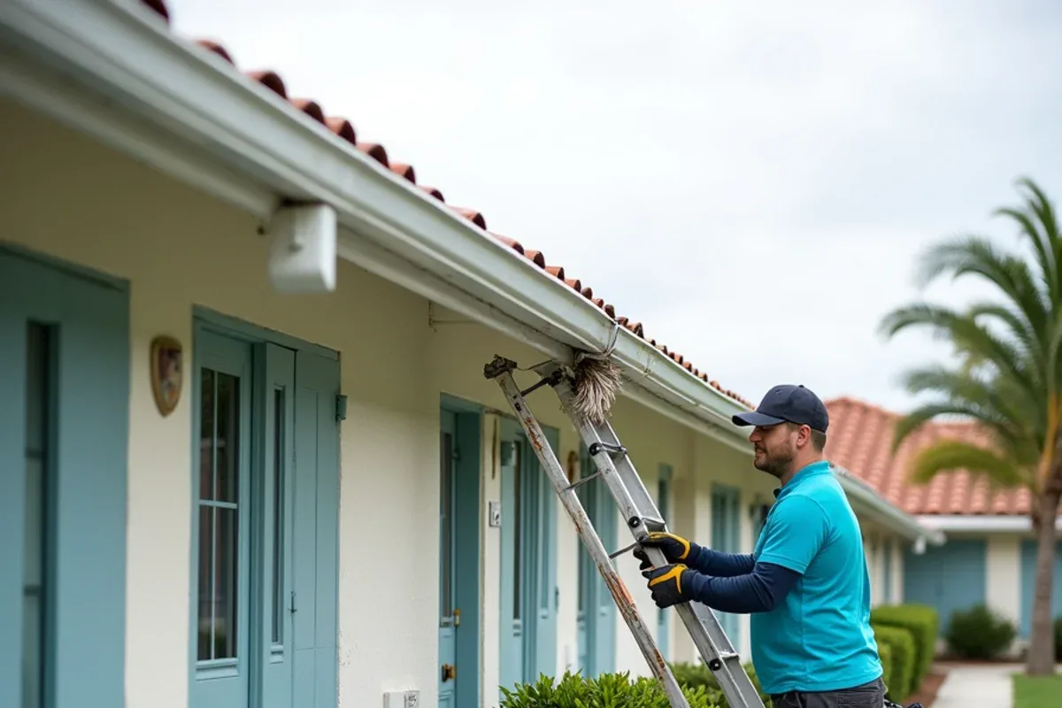 Long shared gutter run over attached villa entries in Boca Del Mar filled with black olive leaves