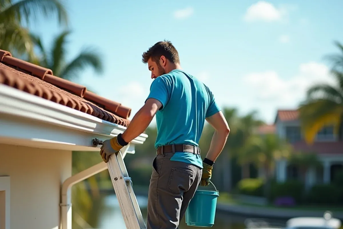 Gutter crew ladder with standoff stabilizer below barrel tile on a Boca Raton canal-front house