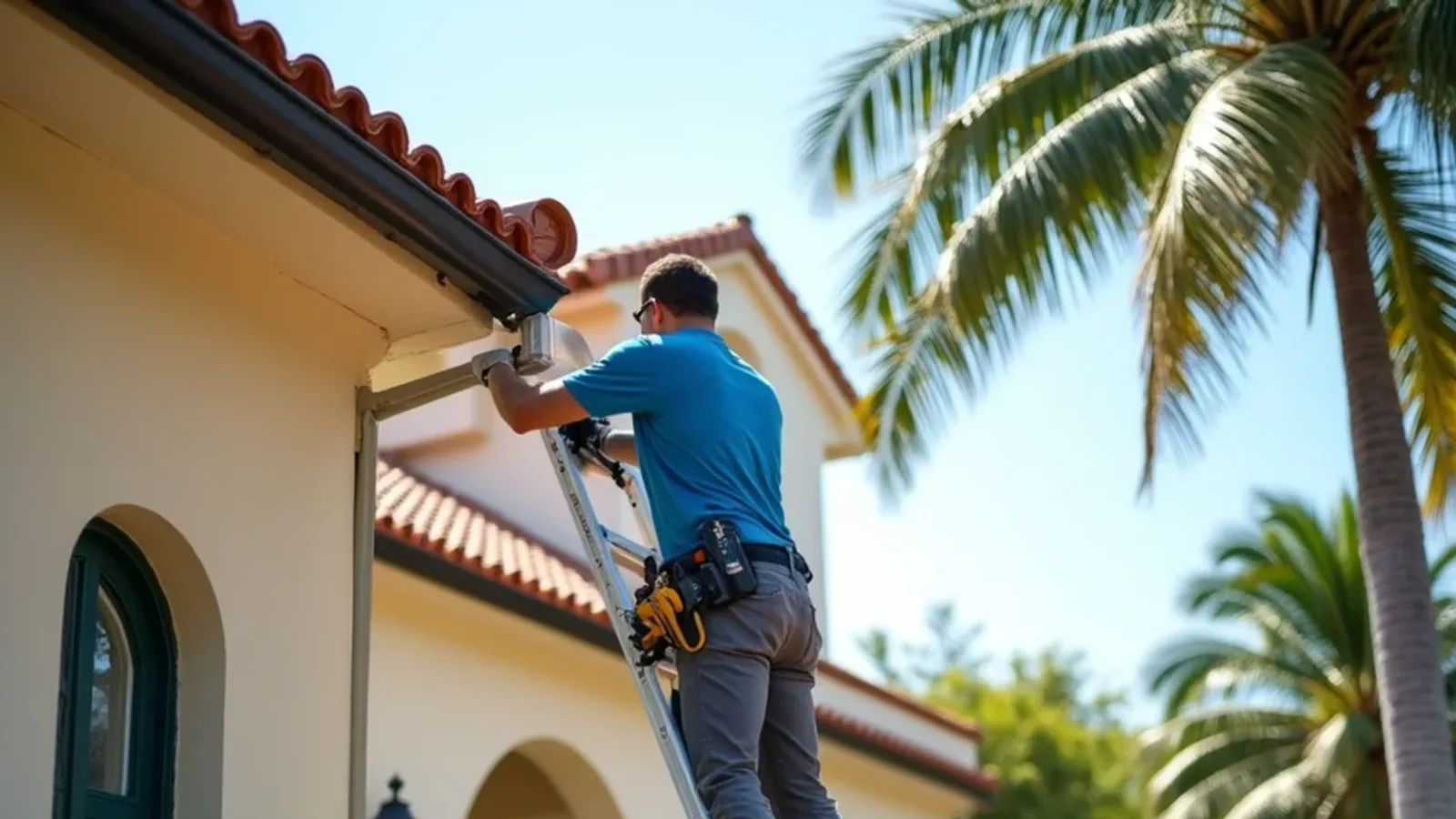 Technician fitting a half-round gutter under barrel tile on a 1920s Boca Raton Mediterranean Revival home