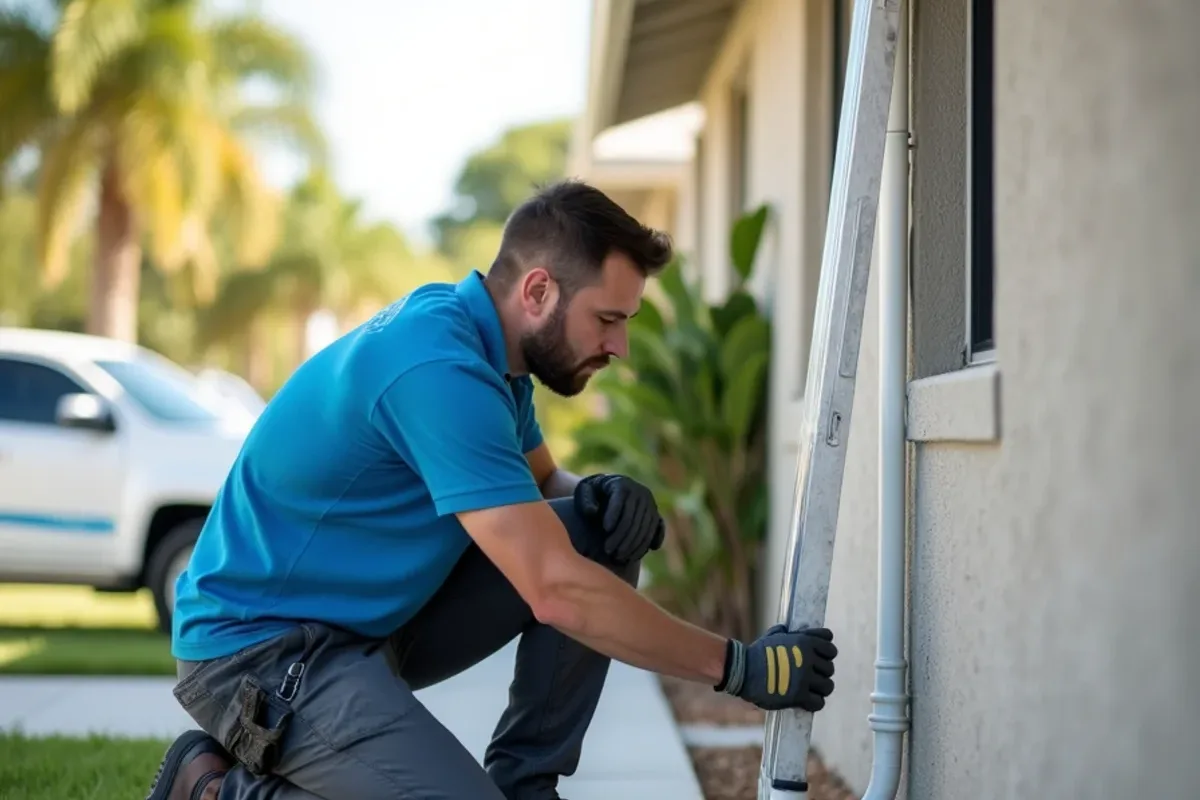 Technician fitting a downspout extension toward a driveway on a Boulevard Gardens home