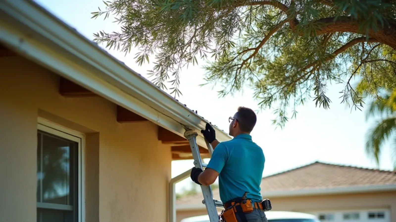 Technician scooping black olive leaves from a gutter on a compact Boulevard Gardens block home
