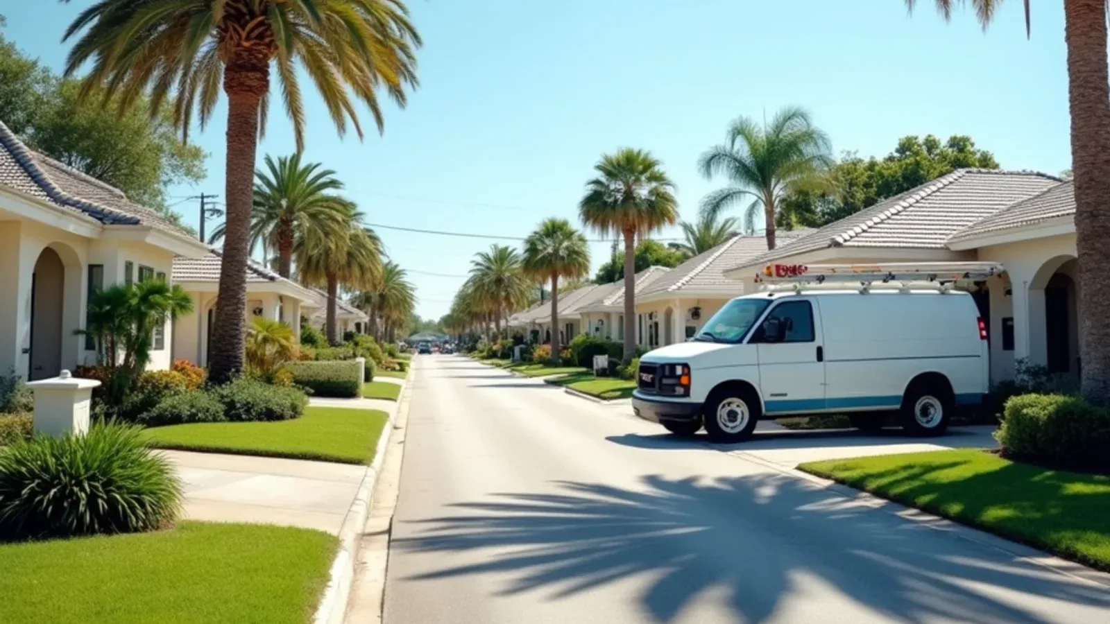 Broward County street of 1960s concrete block ranch homes with a gutter van parked at one driveway