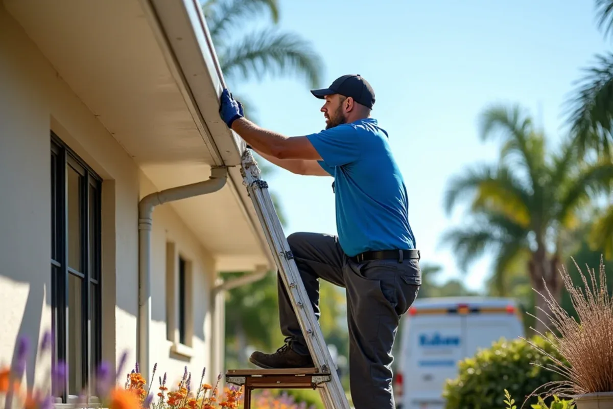 Drop cloth covering a flowering butterfly garden under a gutter cleaning ladder in Coconut Creek