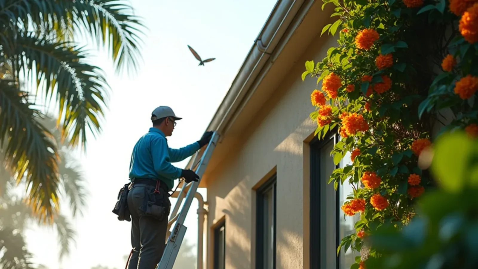 Lush summer native plantings around a Coconut Creek condo building as a technician clears its gutter