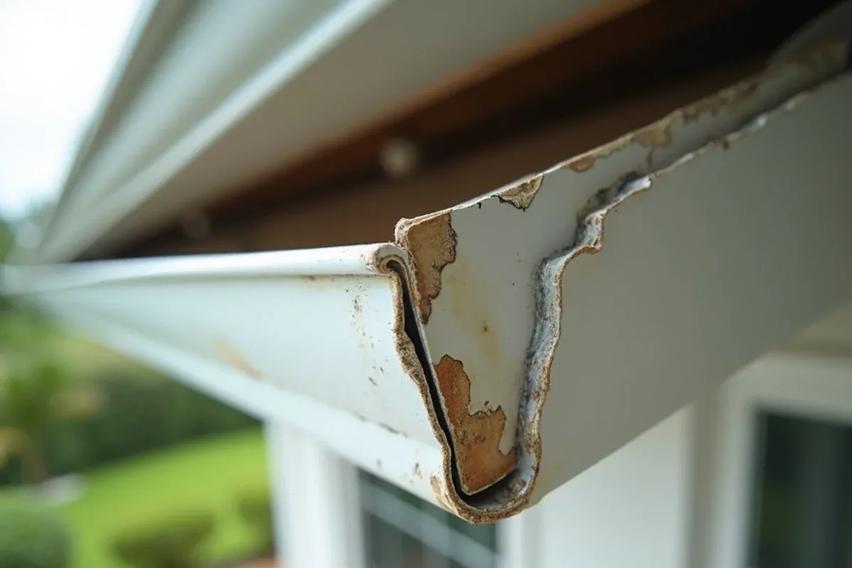 Aging gutter corner with failed sealant above a covered lanai in Cooper City
