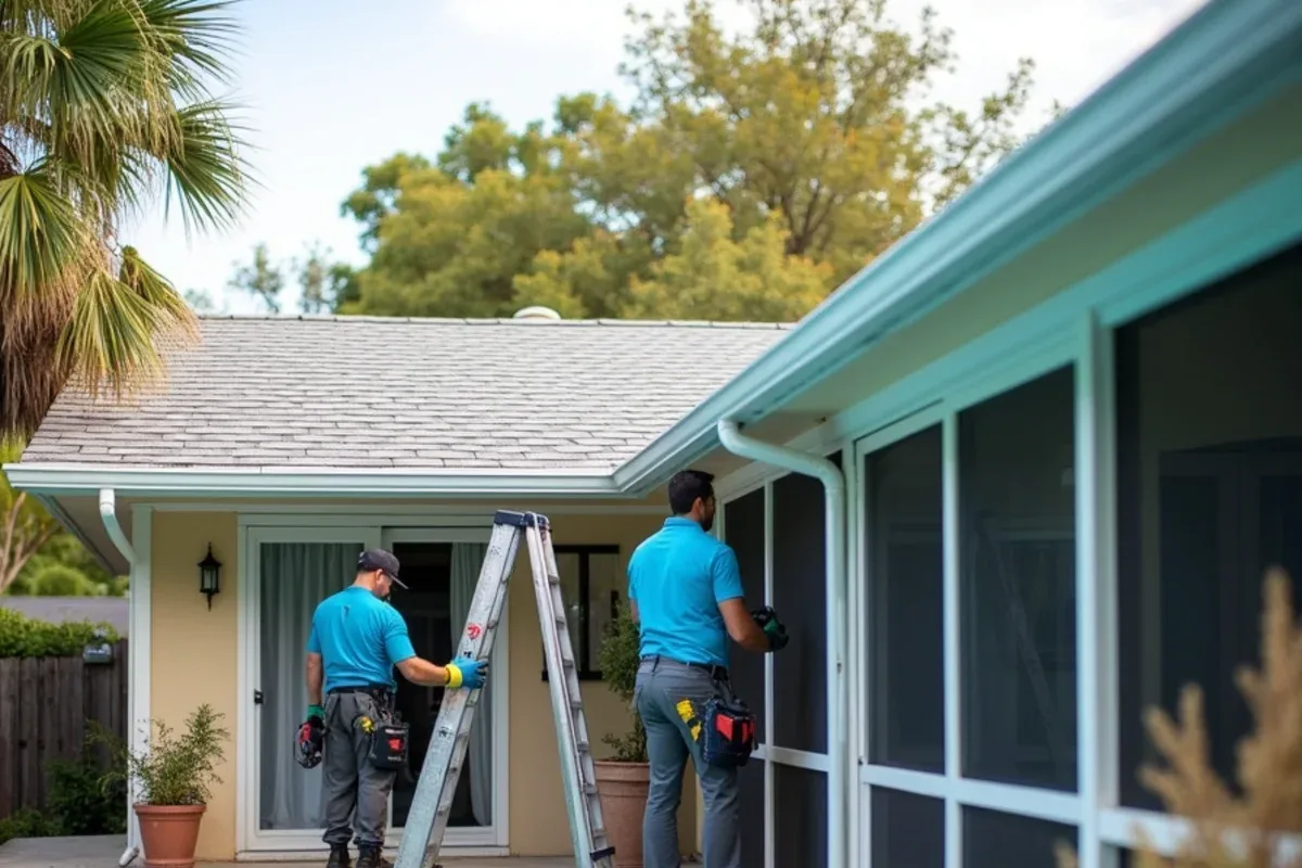 Screened pool enclosure behind a Coral Springs home with a seamless gutter along the roof edge