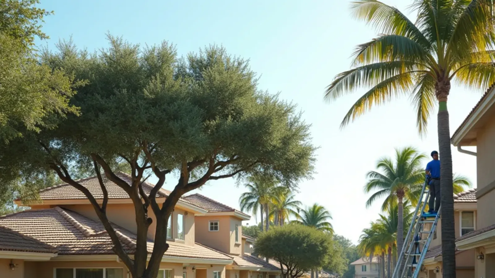 Curving Coral Springs street of two-story tile-roof homes under laurel oaks with a gutter van at one house