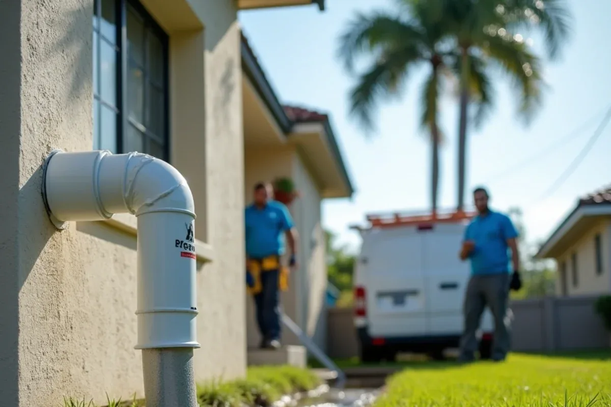 Downspout extension carrying roof water away from a slab on a low Dania Beach lawn