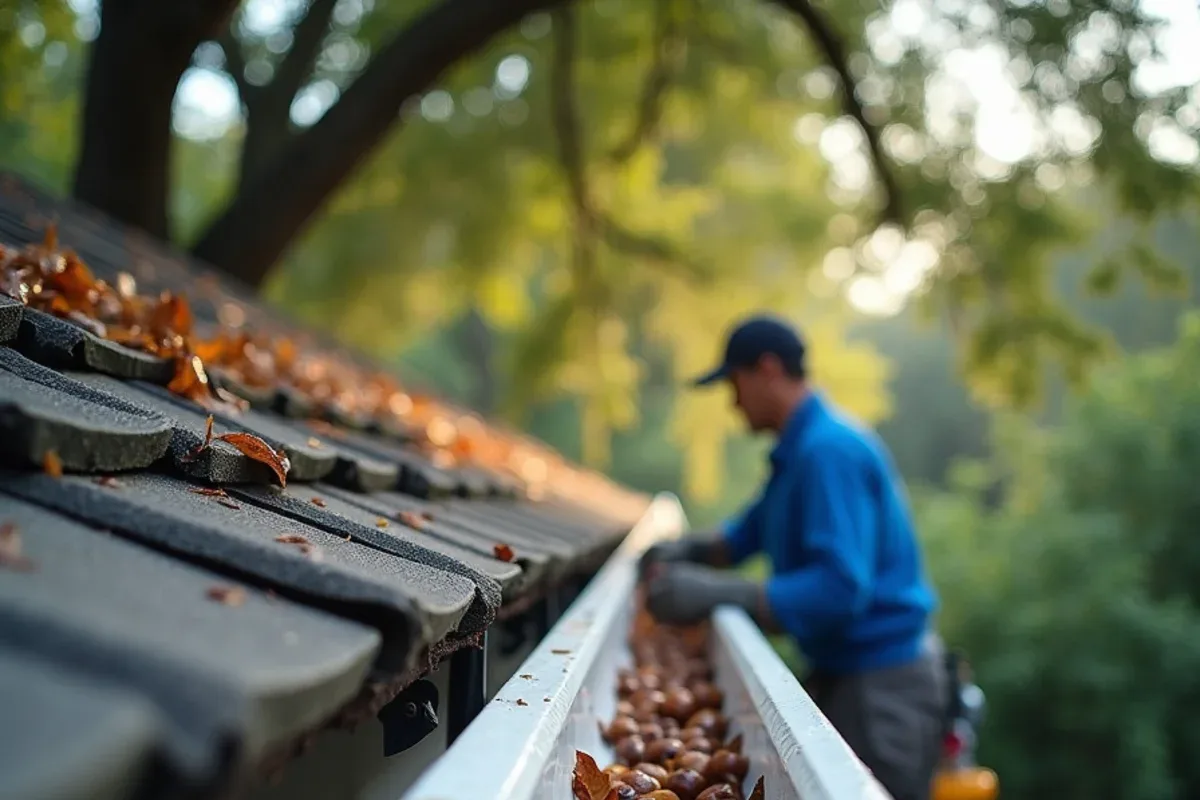Oak leaves and acorns packed along a long gutter run on a Davie ranch home