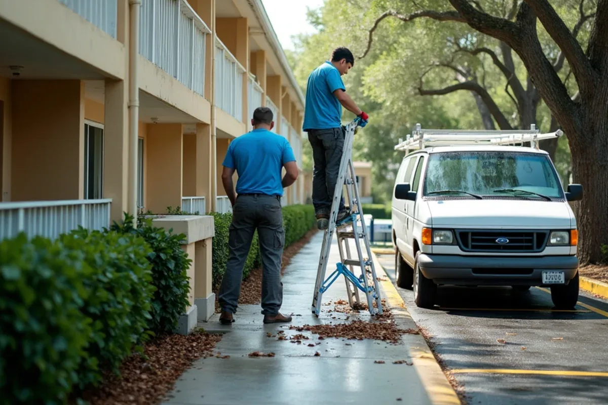 Long gutter run above an open-air walkway on a 1970s Deerfield Beach condo building
