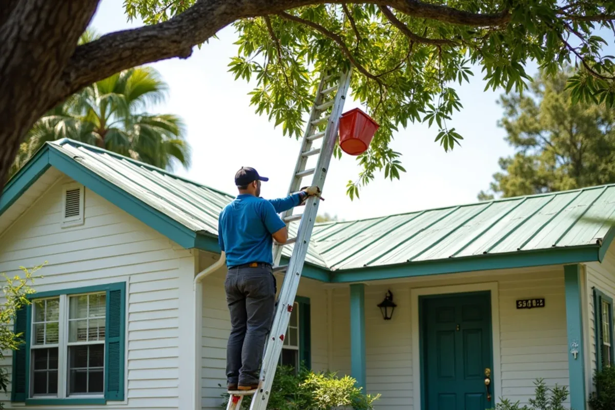 Crew cleaning a half-round gutter on a wood-frame Florida cottage in Delray Beach