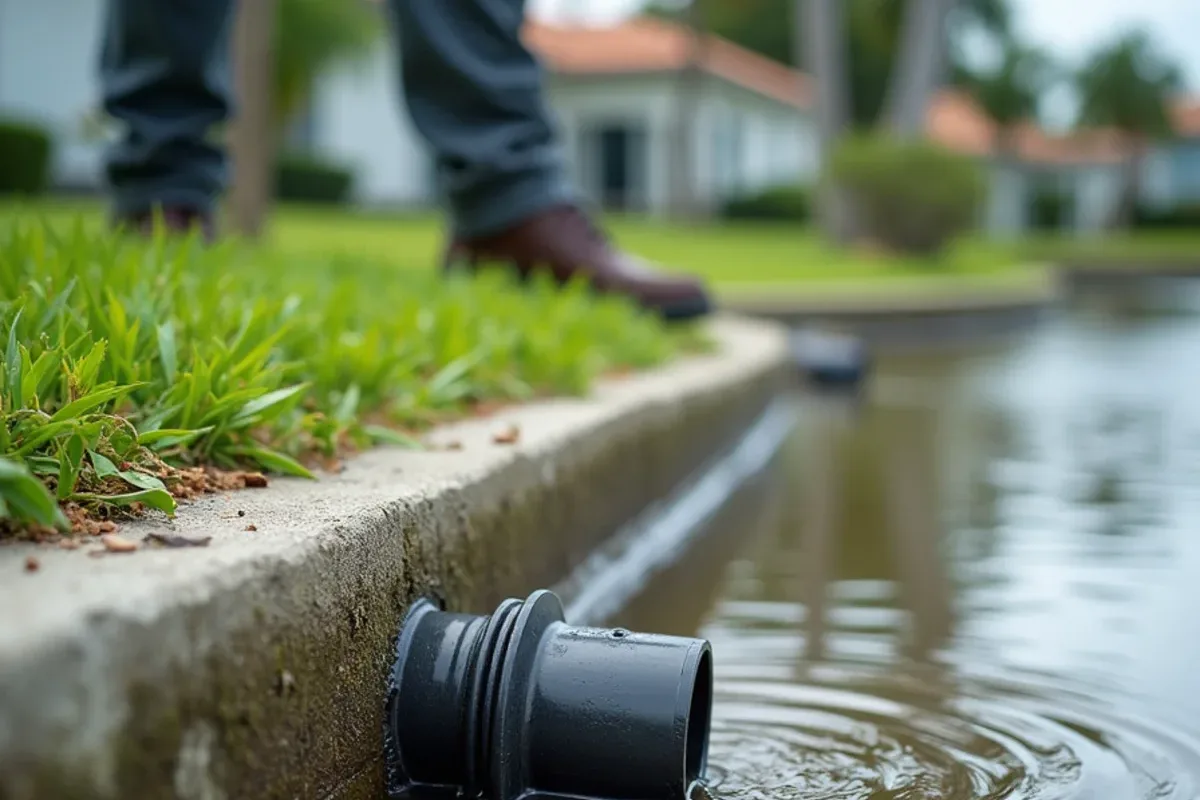 King tide water lapping a Fort Lauderdale seawall beside the outlet of a buried downspout line