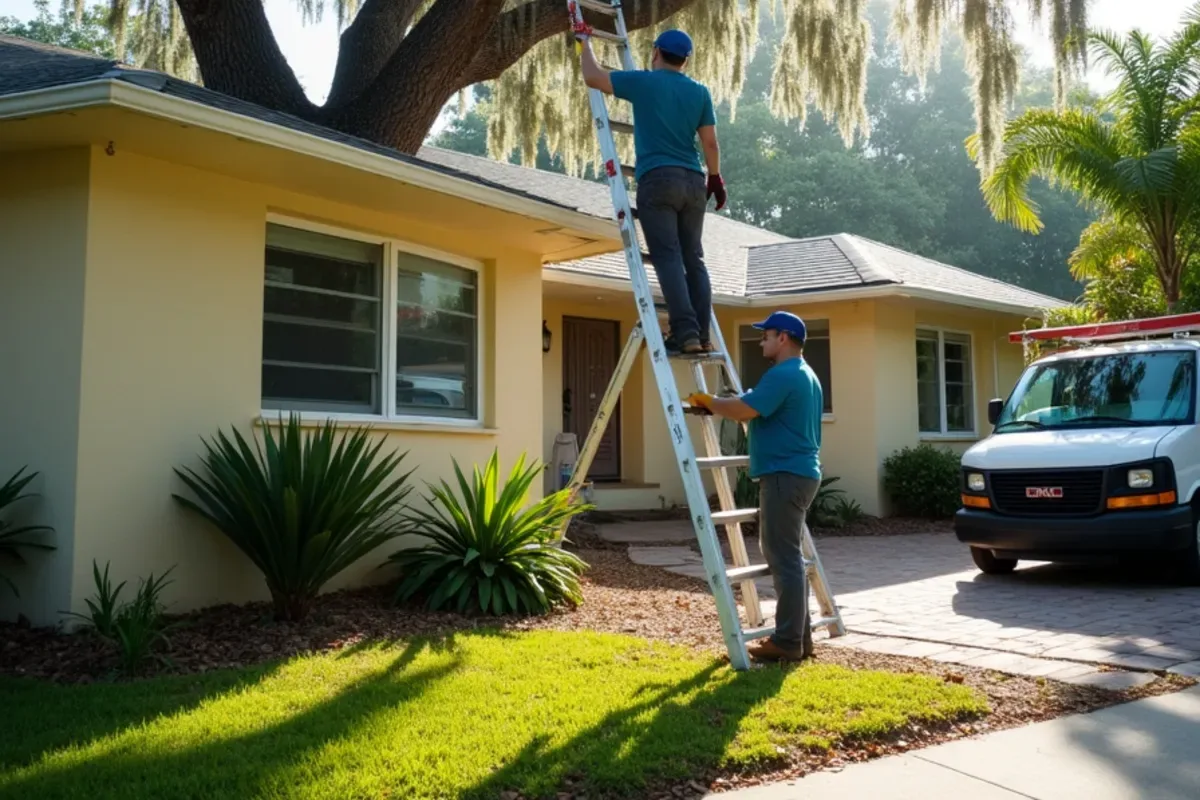 Post-war Fort Lauderdale CBS bungalow with live oak limbs hanging over a leaf-clogged gutter