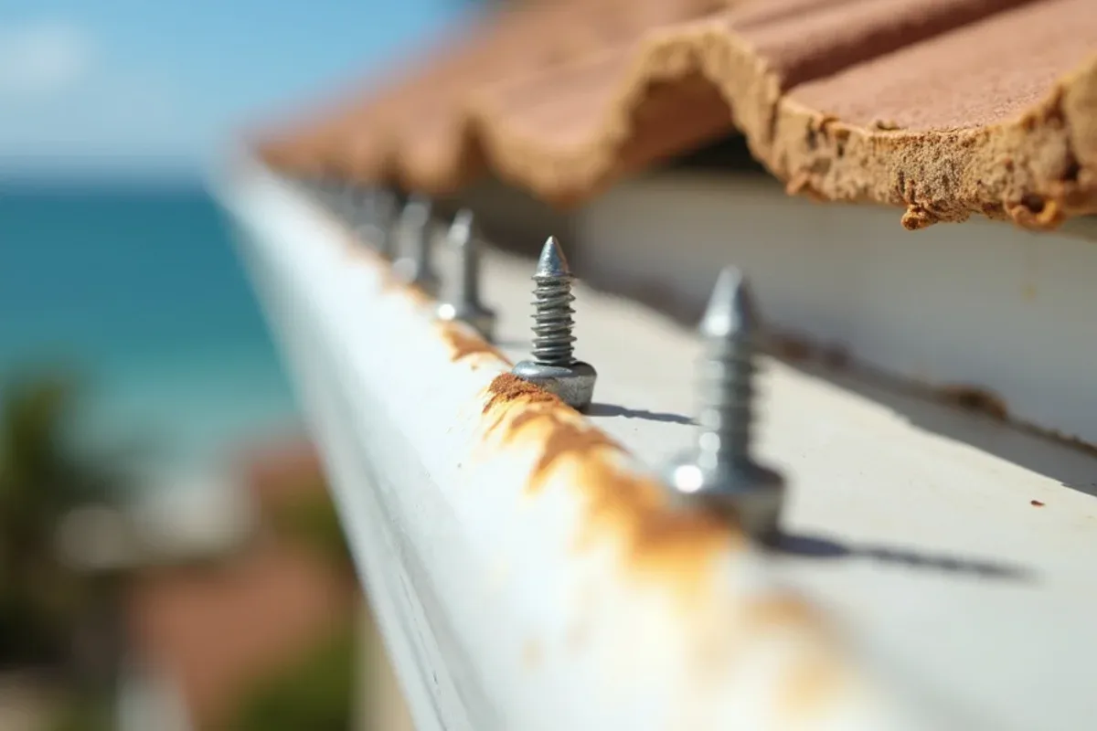 Rusted gutter screws streaking white fascia on a salt-exposed Golden Beach estate
