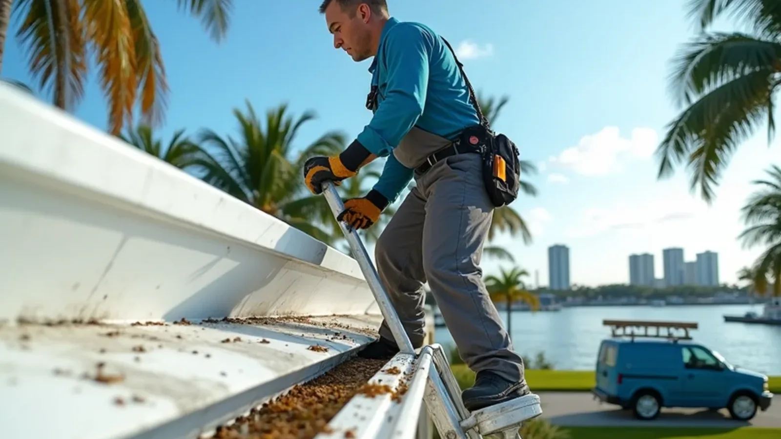 Technician cleaning the gutter on a waterfront ranch home in a Hallandale Beach island neighborhood