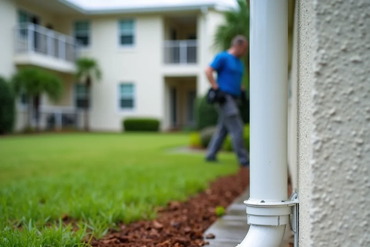 White downspout with a low splash block beside a sidewalk near a High Point lawn