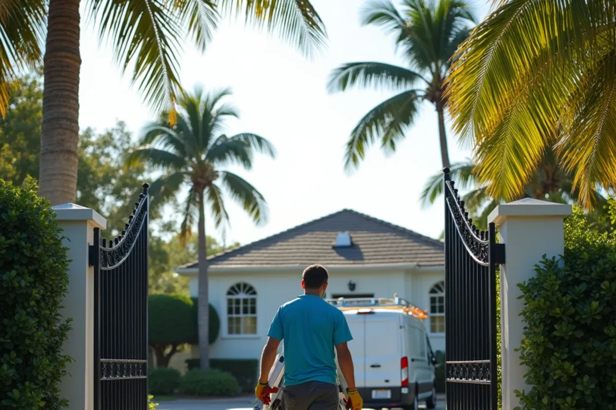 Technician carrying a standoff ladder up a gated Hillsboro Beach estate driveway