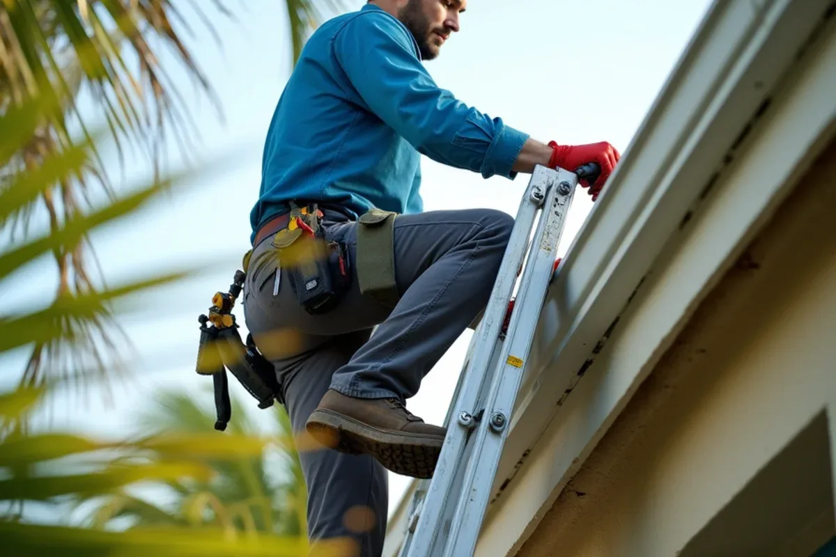 Crew replacing a rotted fascia board behind a removed gutter on a Hollywood coastal home