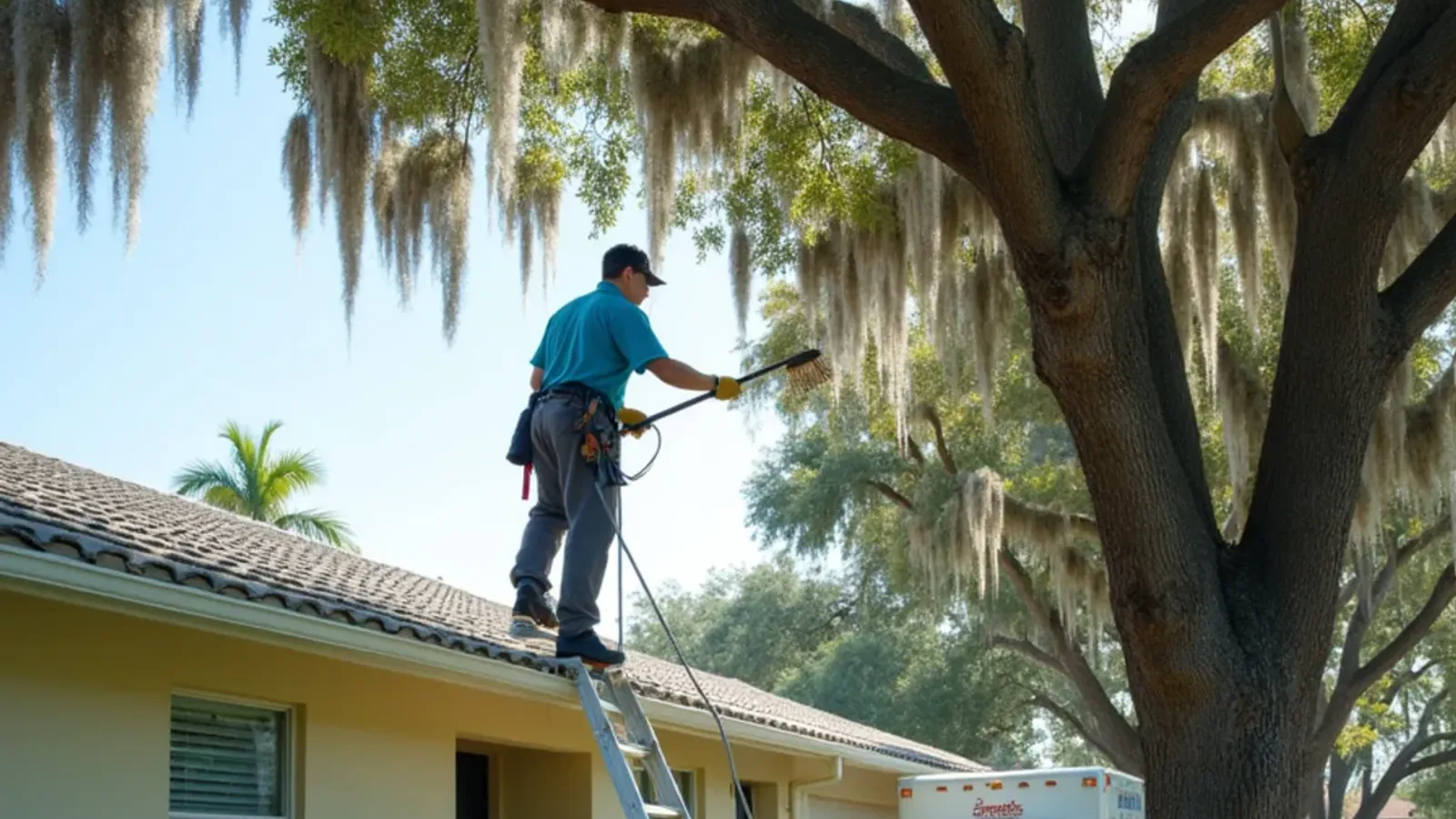 Technician cleaning the gutter on a mid-century Hollywood ranch home under a banyan tree