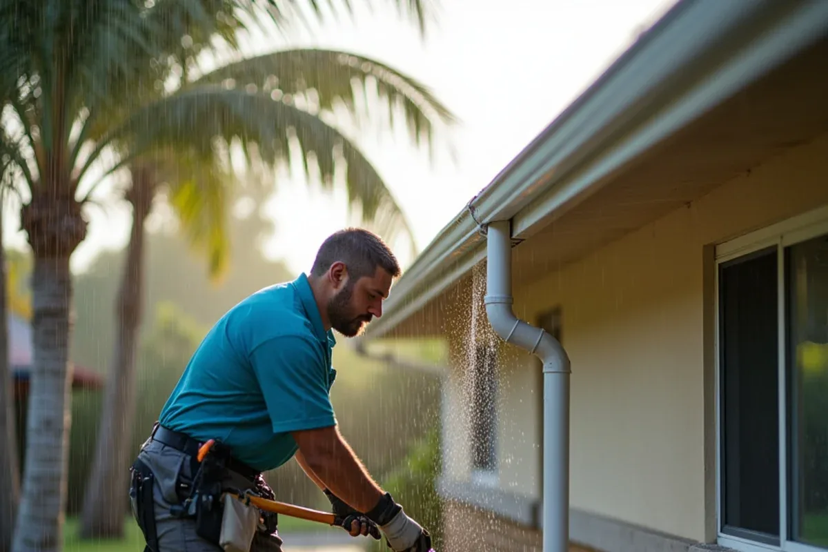 Rainwater overflowing a clogged gutter corner on an Ives Estates ranch house