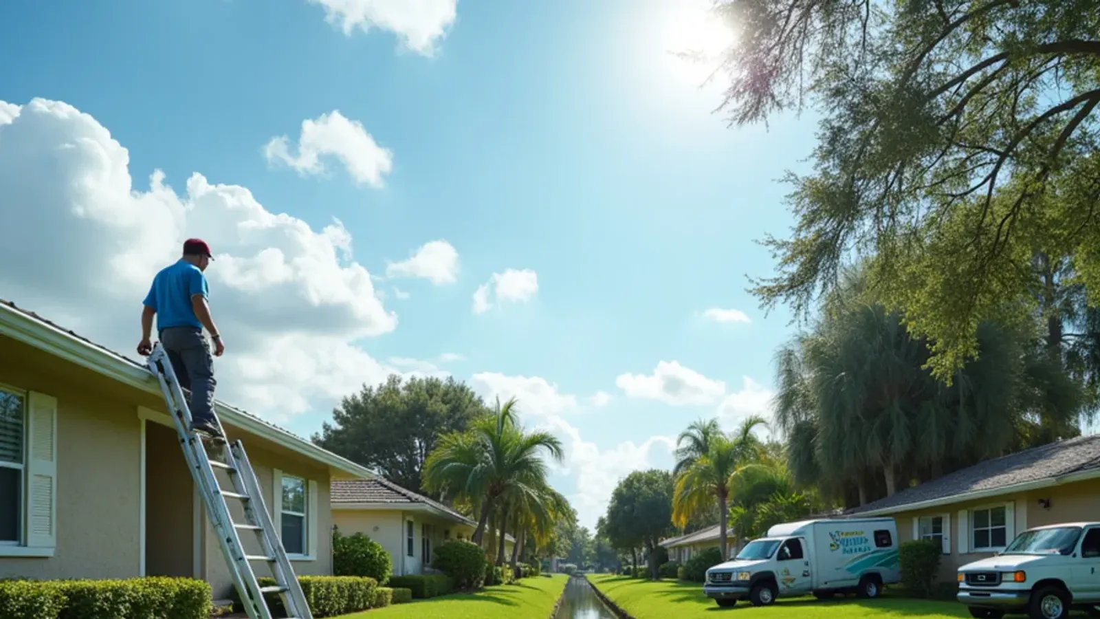 Ives Estates ranch homes backing onto a grassy rain swale with a gutter technician at one eave