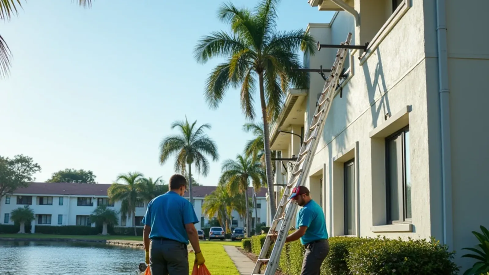 Daylight storm cleanup around lakeside Kings Point condo buildings with fronds being bagged