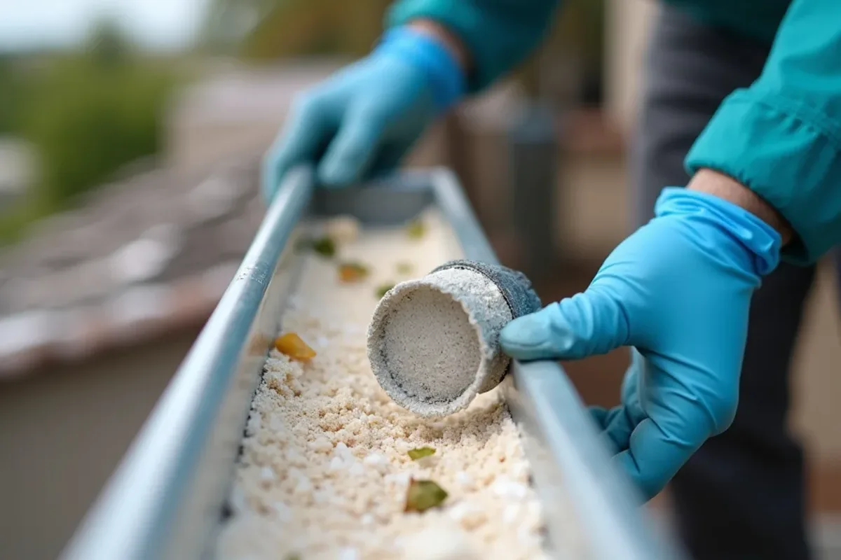 Sand and white salt crust inside a gutter trough on a Lauderdale-by-the-Sea garden condo
