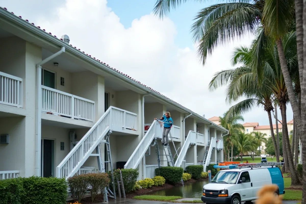Three-story 1970s Lauderdale Lakes condo building with long gutter runs over walkways