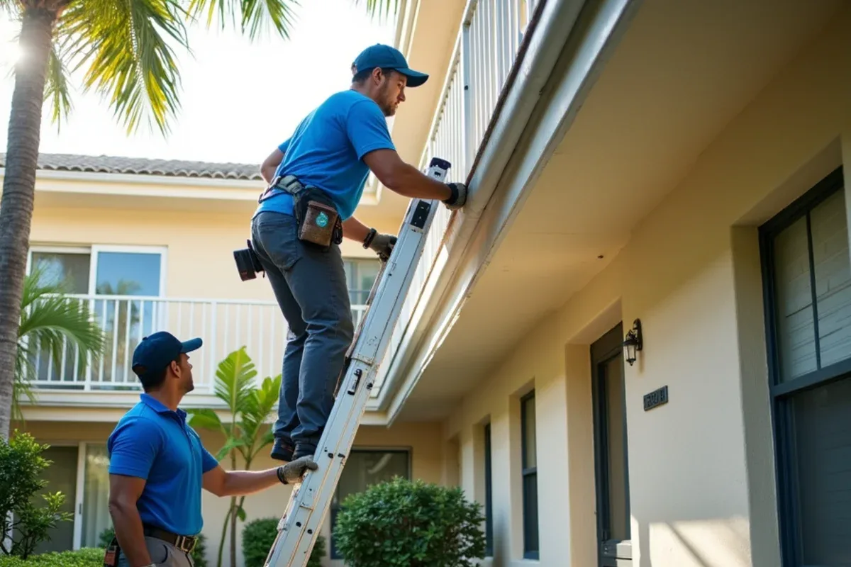 Drop cloths over courtyard shrubs while a crew cleans a Lauderhill condo walkway gutter