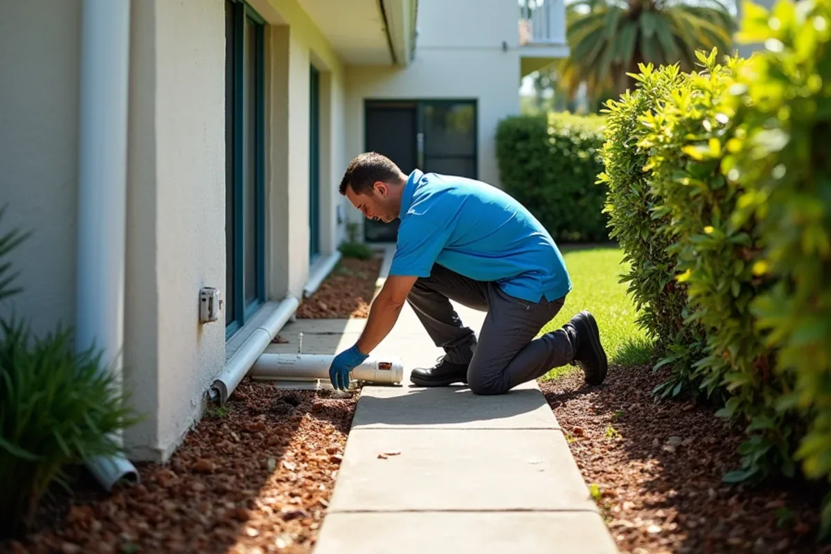 1970s Lauderhill low-rise condo building with a long continuous gutter over the entry walkway