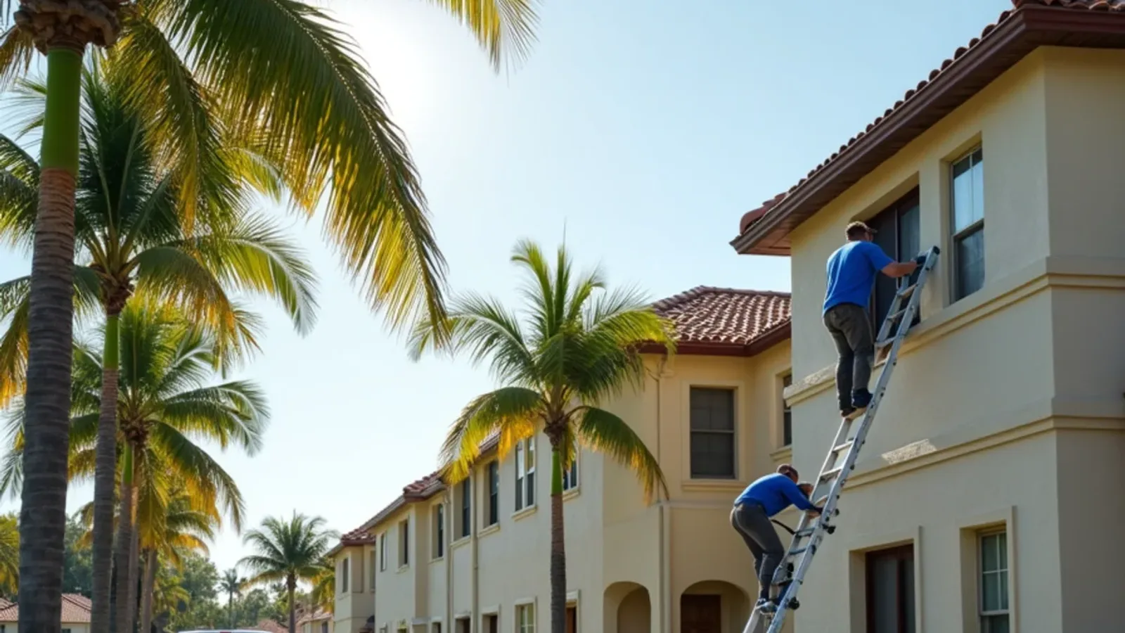 Palm-lined drive through a 1970s Lauderhill condo community with long walkway gutters and a gutter van
