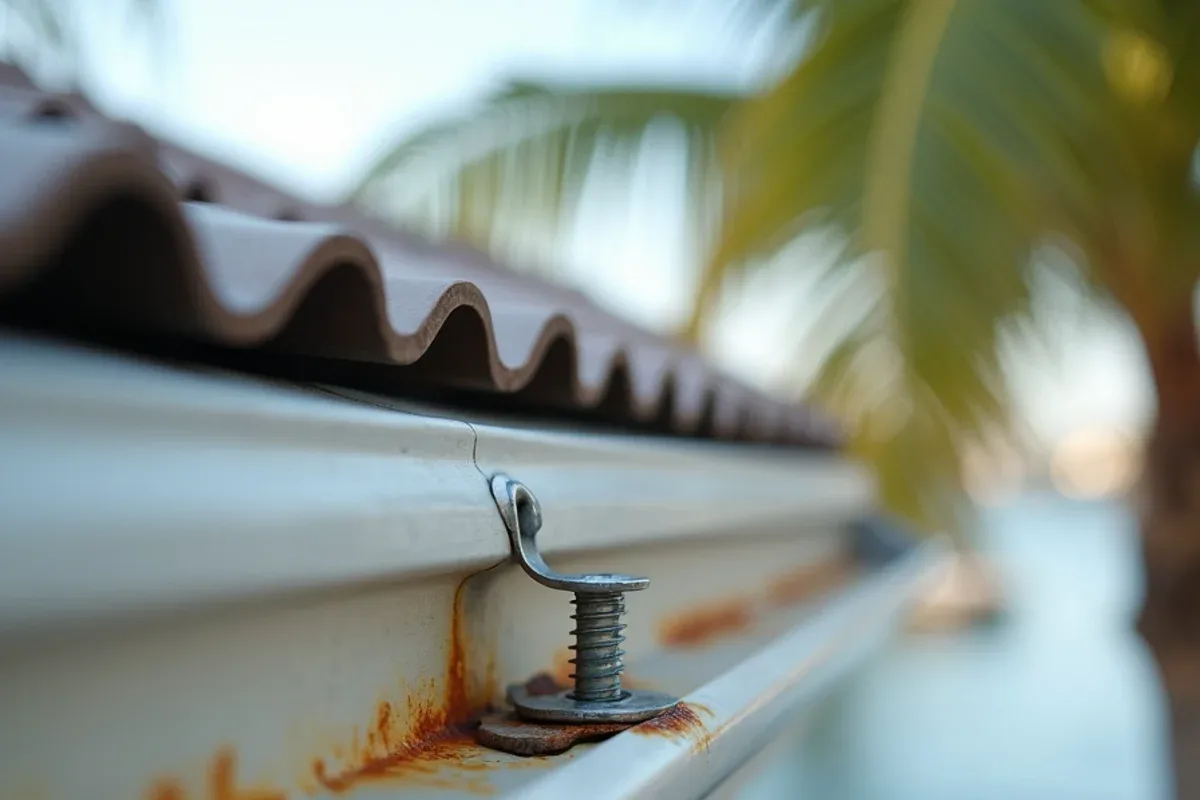 Rusted steel gutter hanger next to new stainless fastener on a Lighthouse Point waterfront eave
