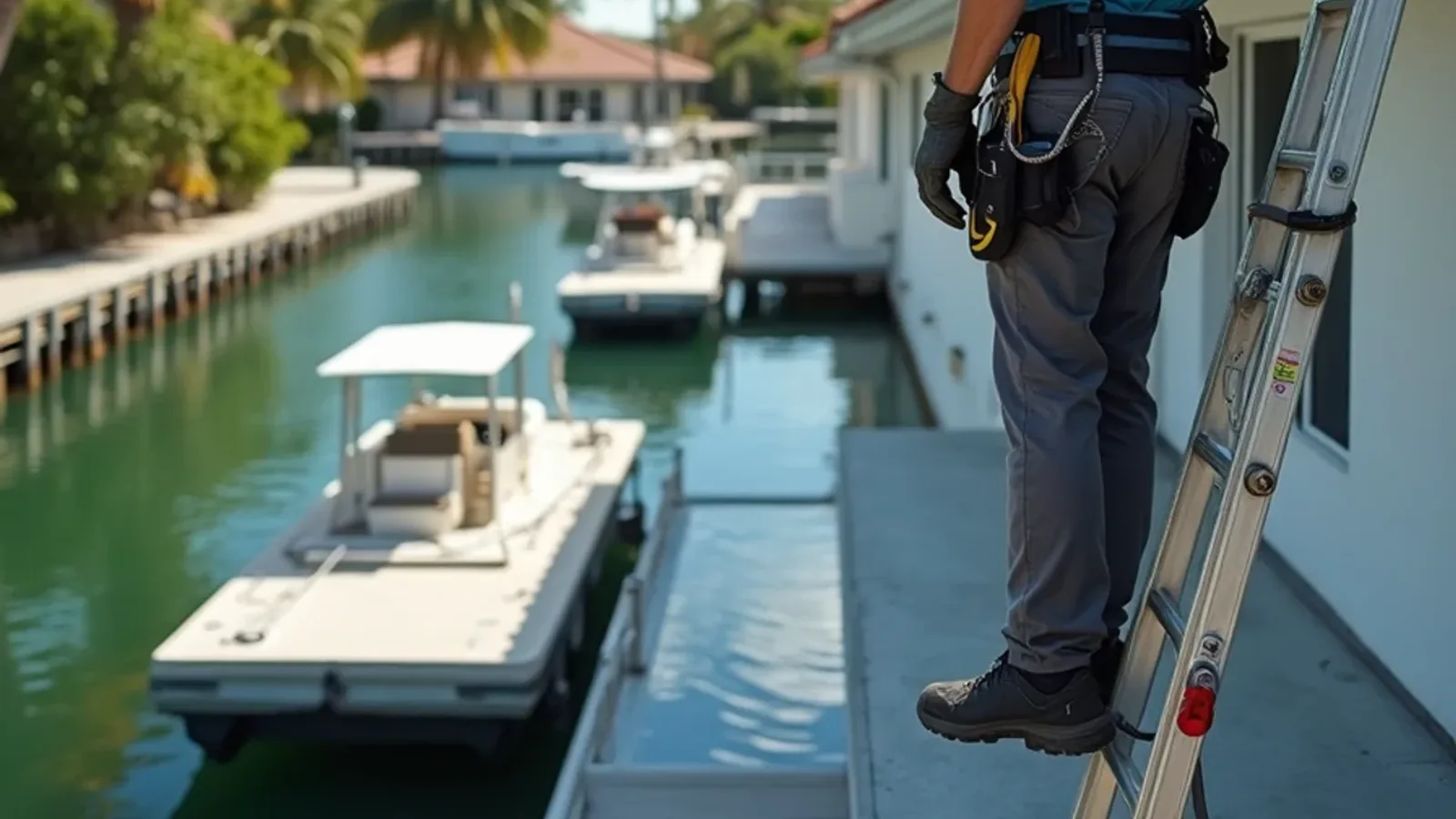 Technician fastening stainless gutter hangers on a 1960s Lighthouse Point canal ranch by a dock