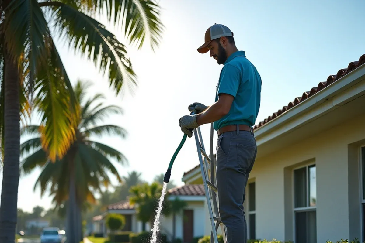 Technician flushing a downspout with a garden hose behind a canal-side Margate ranch house