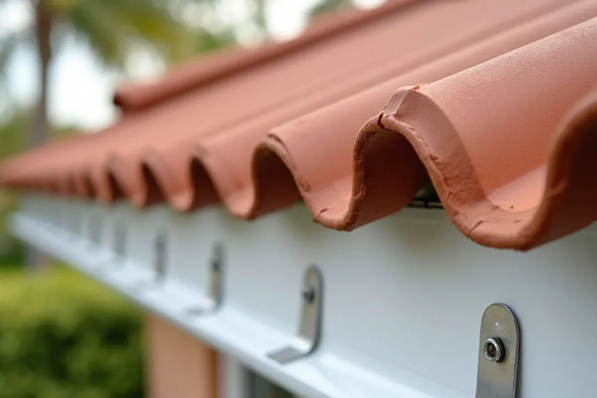 Barrel-tile Miami-Dade home with closely spaced gutter hangers and stainless fasteners