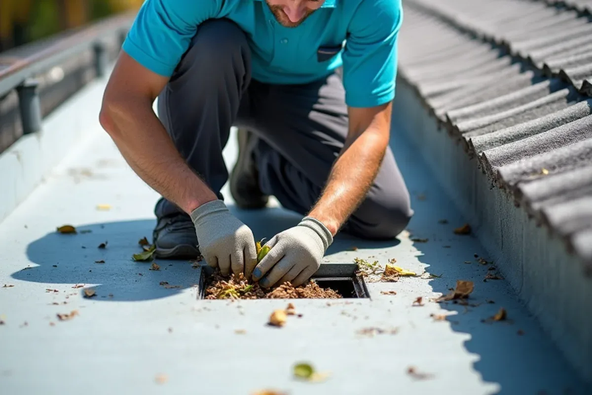 Technician clearing leaves from a clogged scupper on a Miami-Dade flat roof