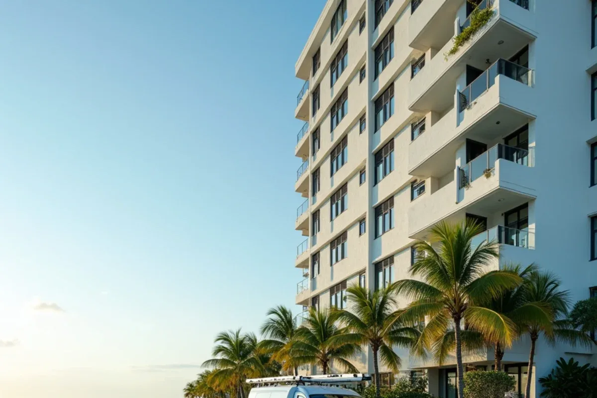 Mid-rise Miami-Dade condo building with downspouts and drainage near a bayfront walkway