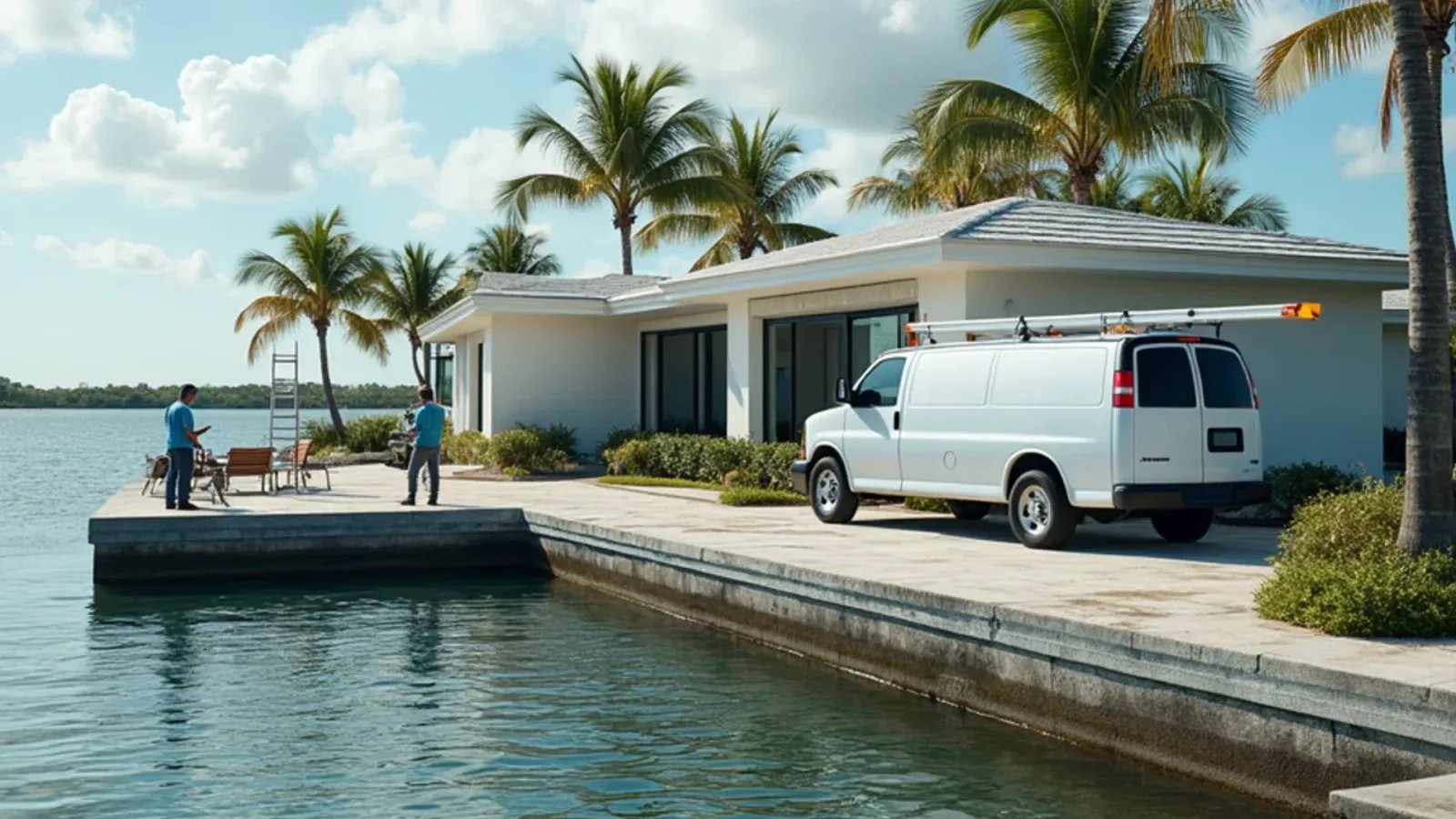 Flat-roof Miami-Dade home with a scupper and leader head on a mangrove-fringed bay lot