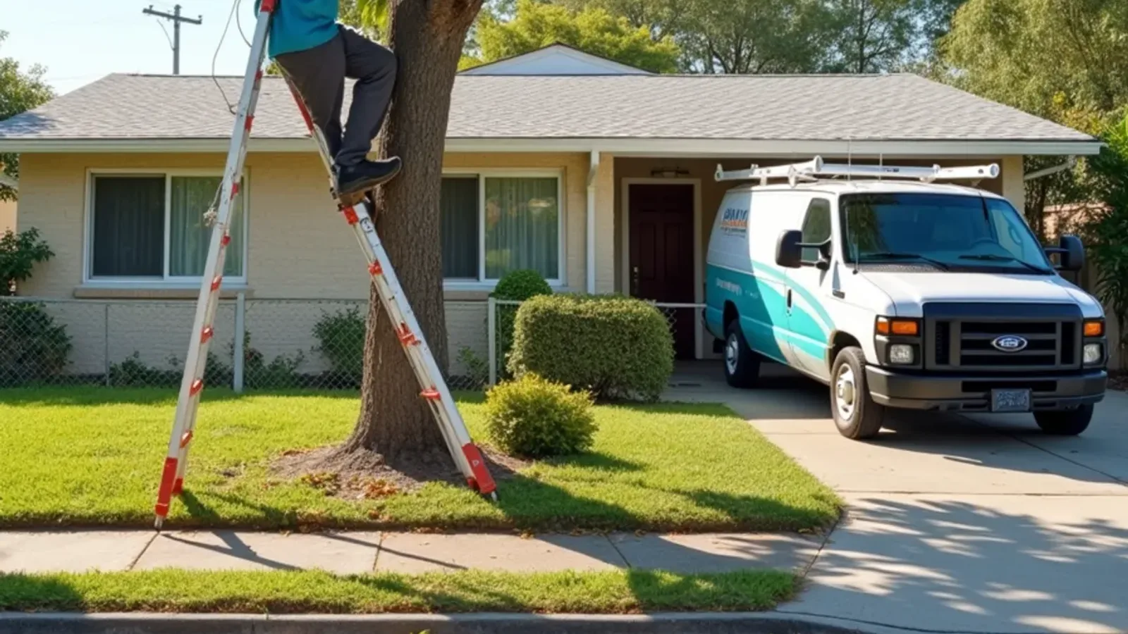 Mango season at a 1960s Miami Gardens block home as a technician lifts leaves from the gutter