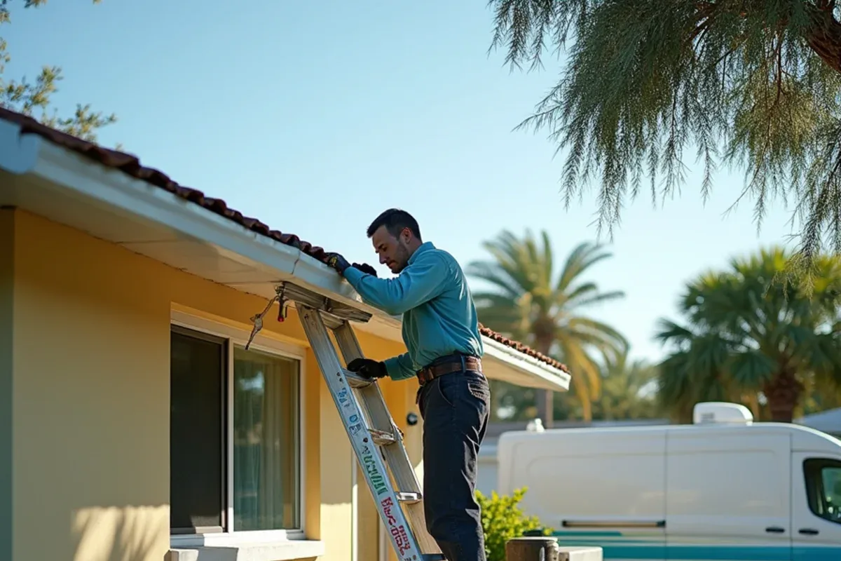 Single-story 1960s Miramar block home receiving its first seamless aluminum gutter run