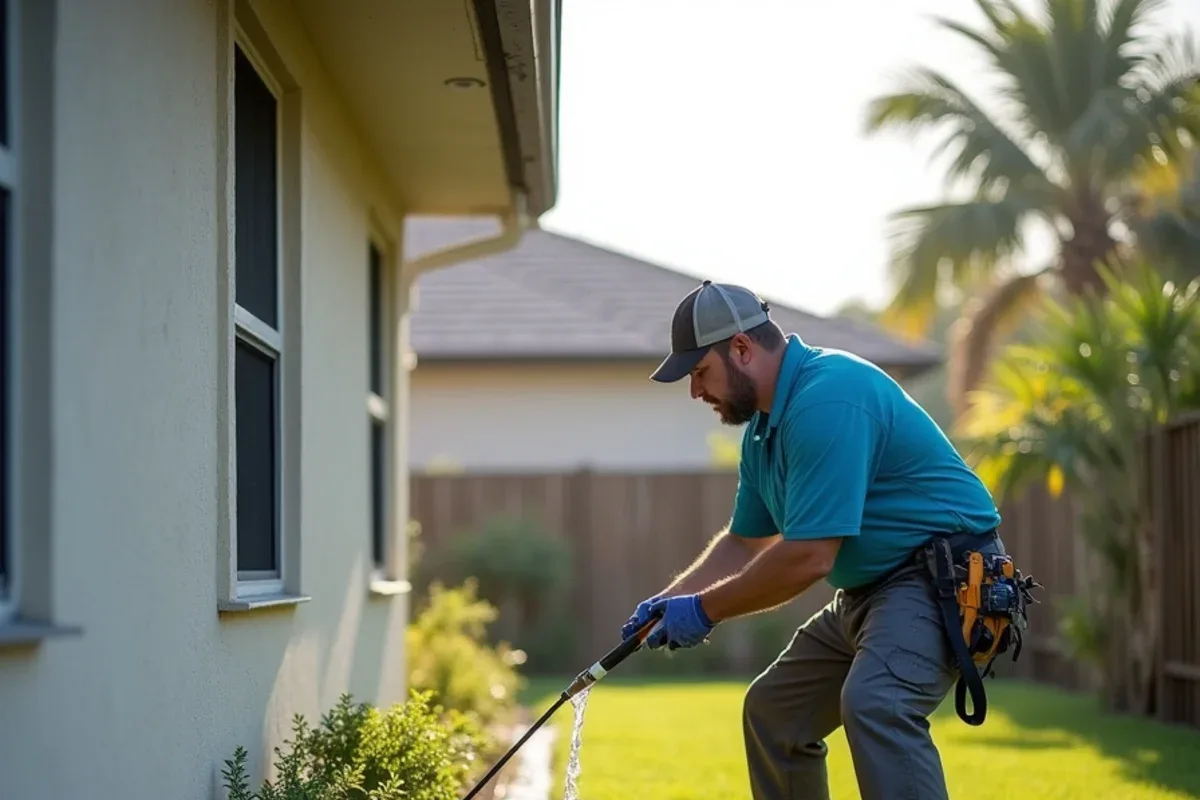 Crew flushing a downspout toward a side-yard swale at a new Miramar home