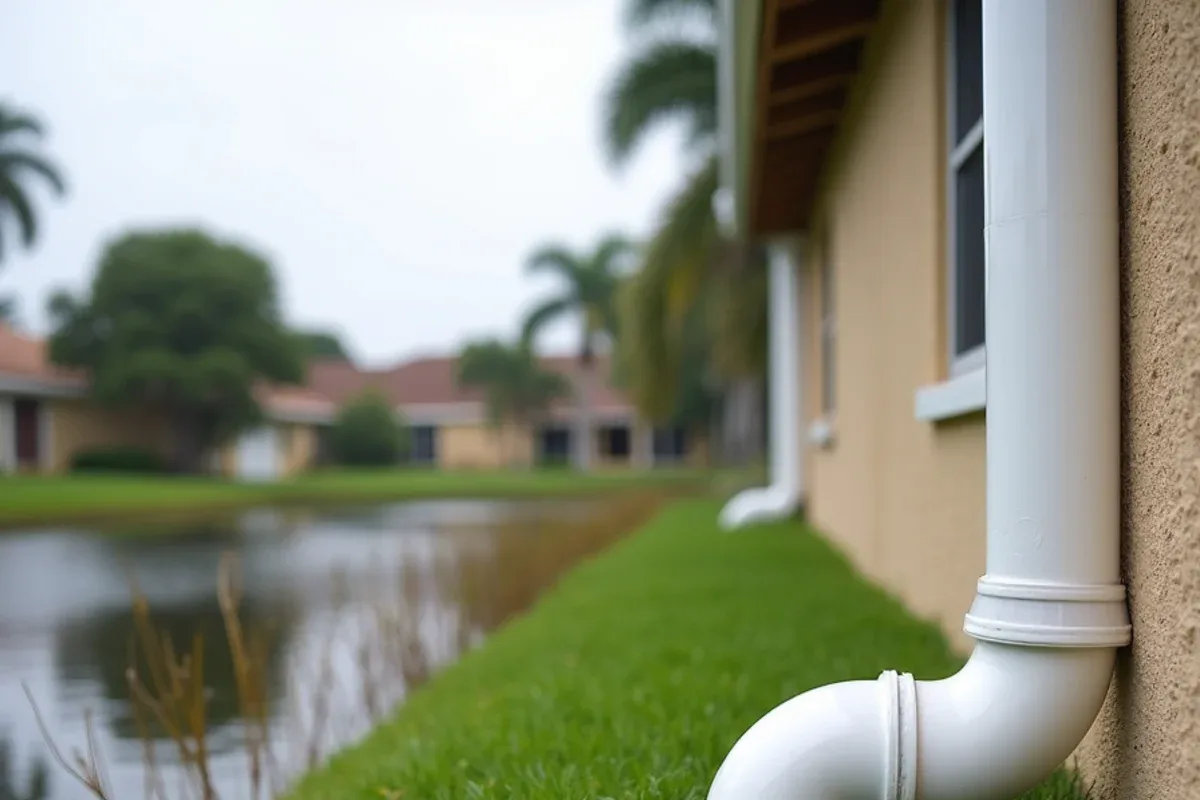 Rear downspout with a long extension draining toward a grassy lake bank in Mission Bay
