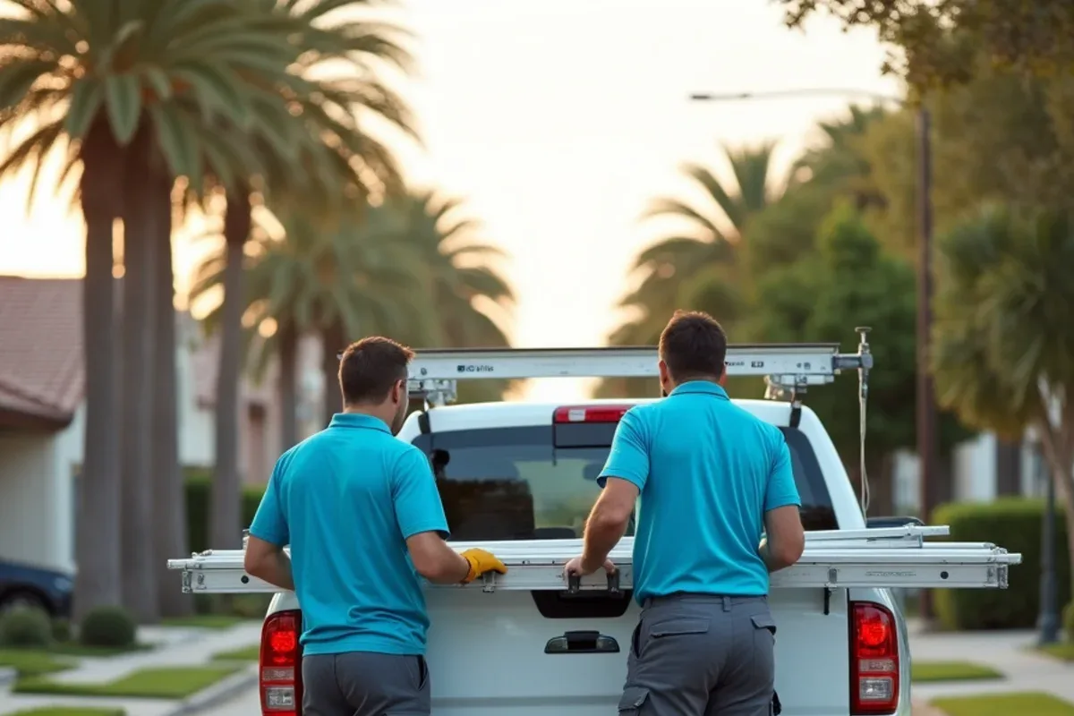 Gutter crew loading an extension ladder onto a white pickup on a North Lauderdale side street